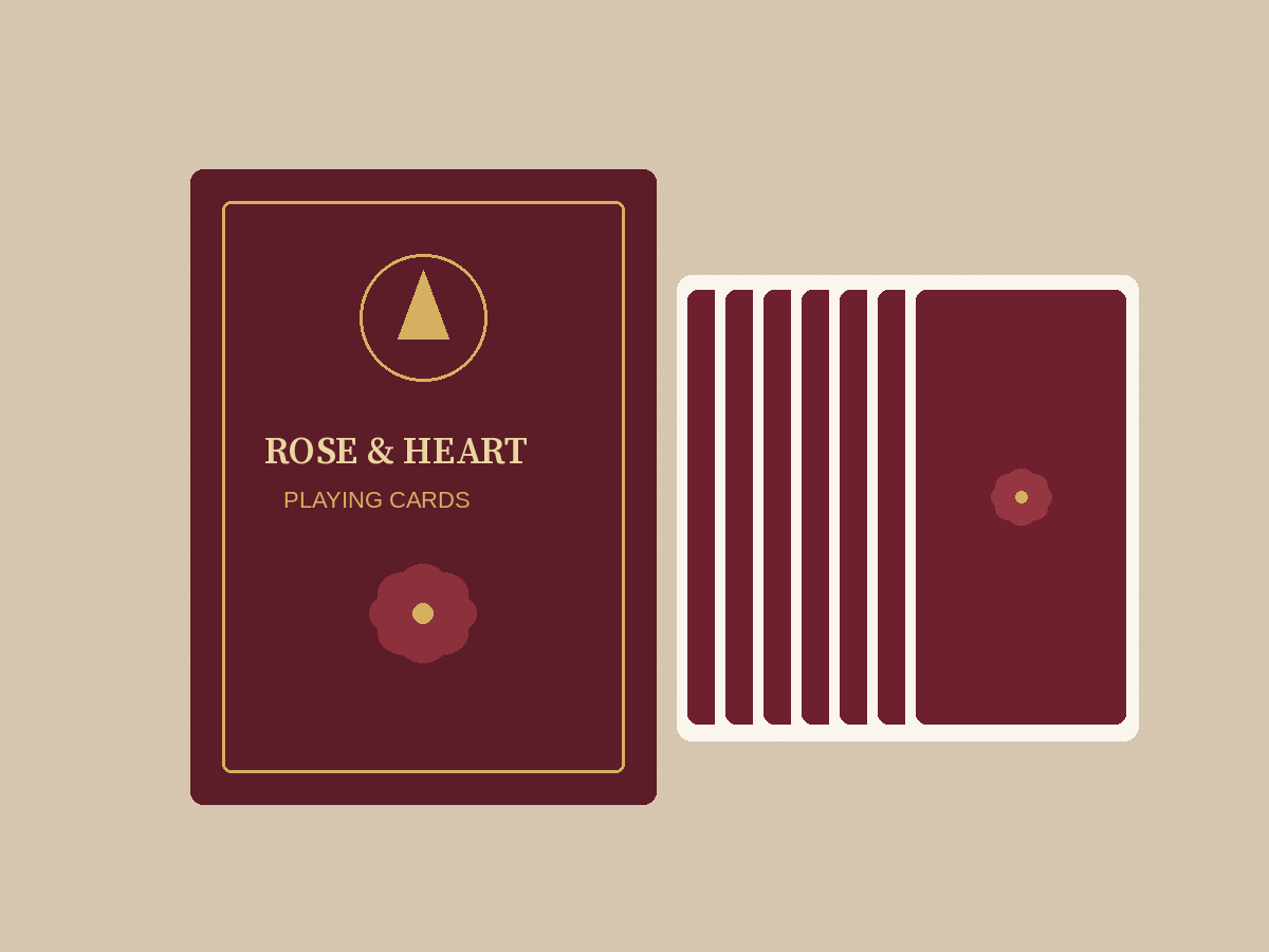 Original illustration of a burgundy Rose and Heart tuck box beside a stack of card backs.