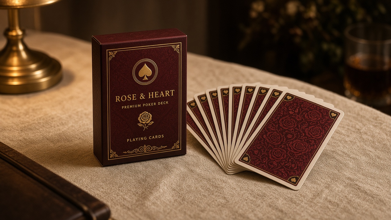 Burgundy tuck box labeled Rose and Heart premium poker deck, with a fan of rose-pattern card backs on linen.