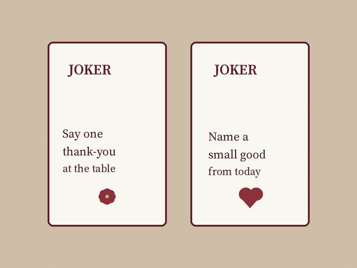 Original illustration of two joker cards with short thank-you lines.