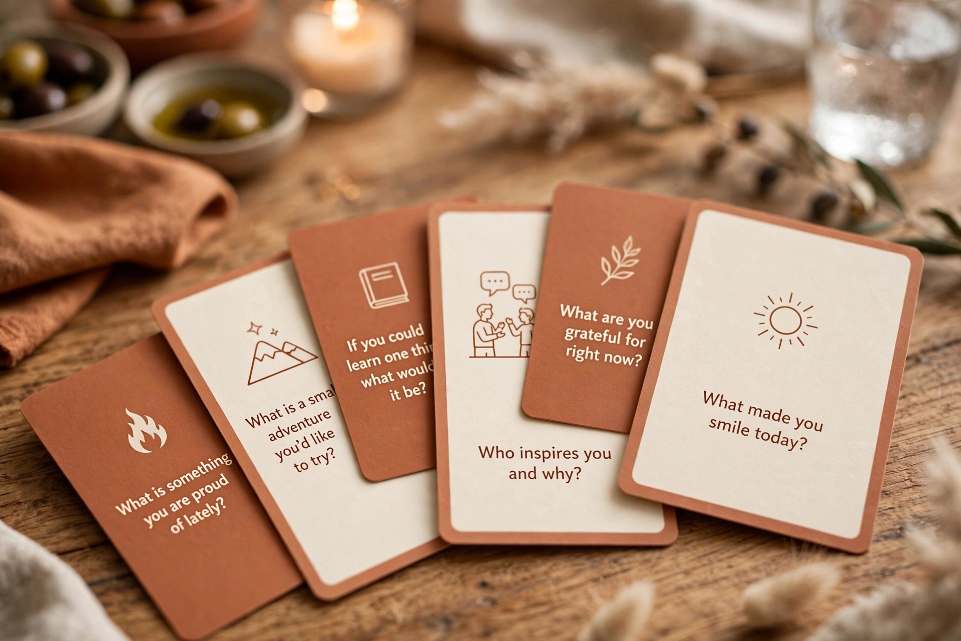 Fan of terracotta and cream rounded cards with prompts such as What made you smile today?