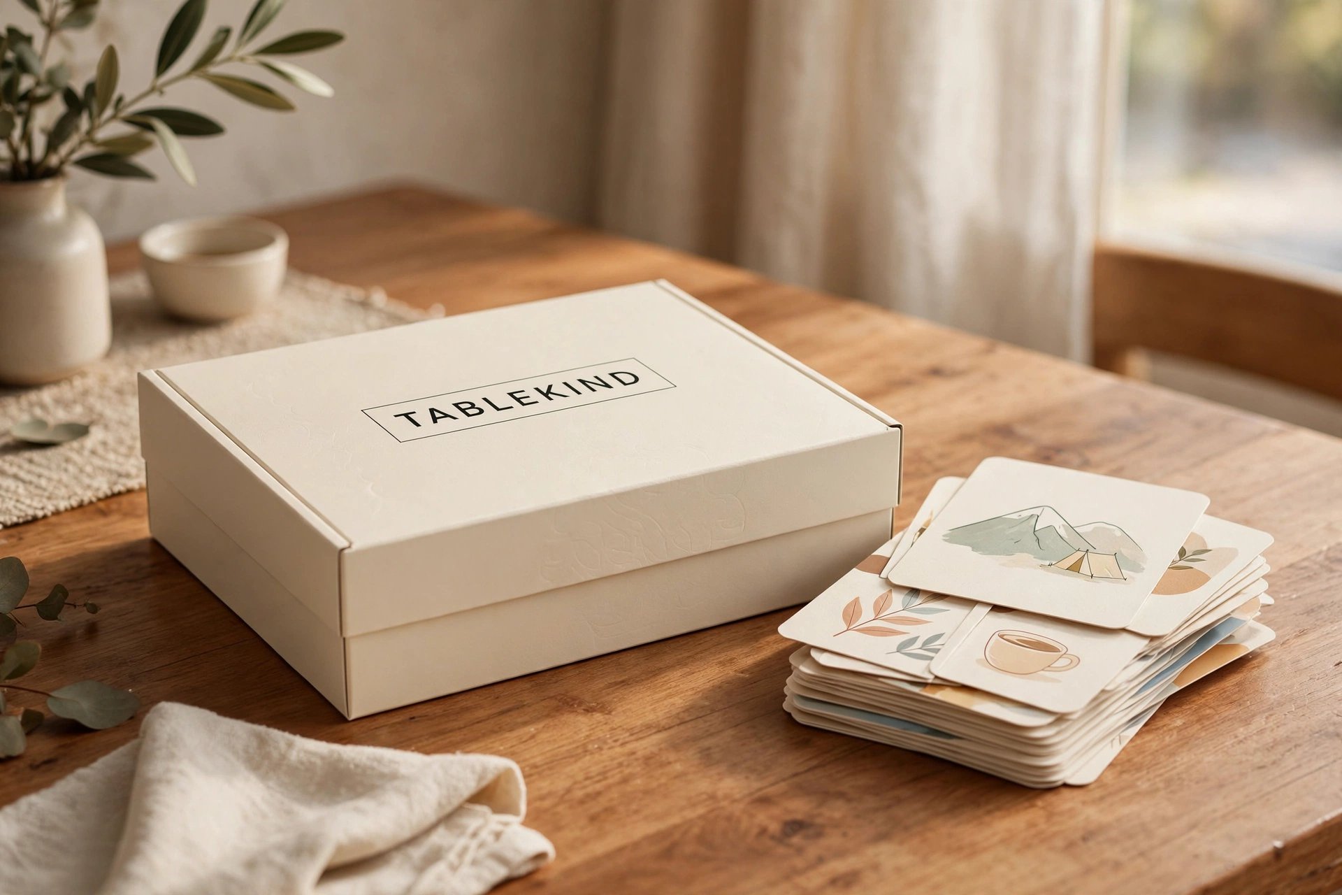 Cream two-piece box printed TABLEKIND in a thin black rectangle, beside a stack of rounded cards with a mountain, tent, leaves, and a coffee cup.