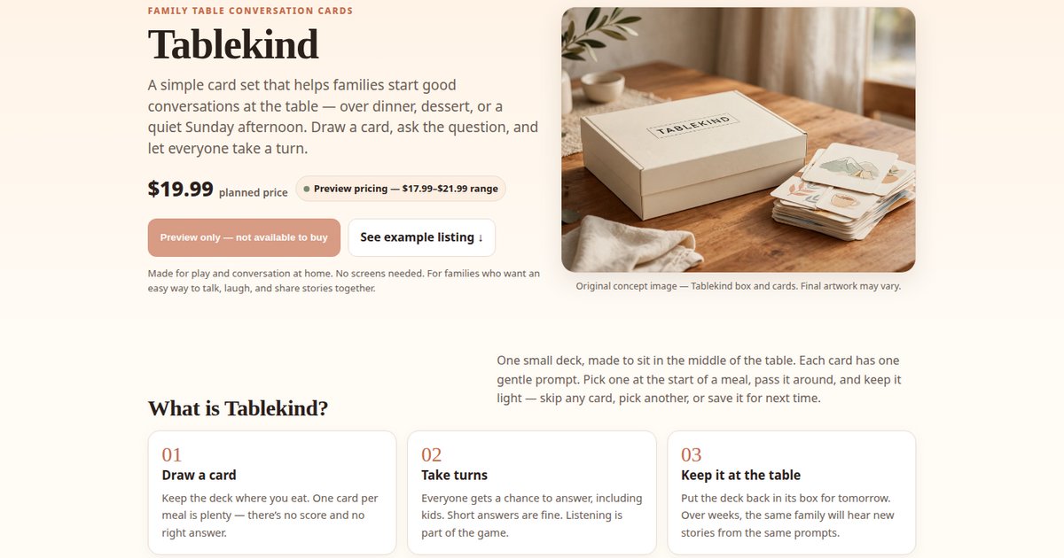 Still from the Tablekind Muse preview: cream TABLEKIND box and illustrated cards on a wooden table, with the concept page headline and a planned price of $19.99.