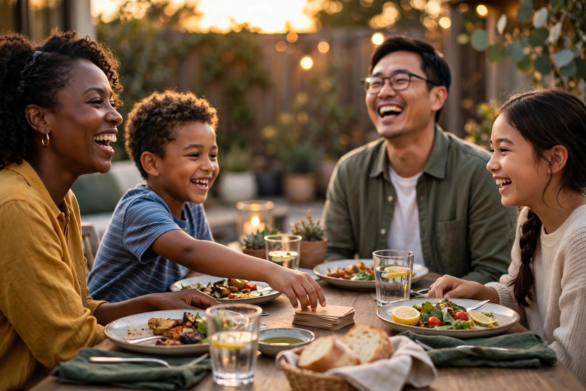 Family at an outdoor dinner table with a small stack of cards in the center.